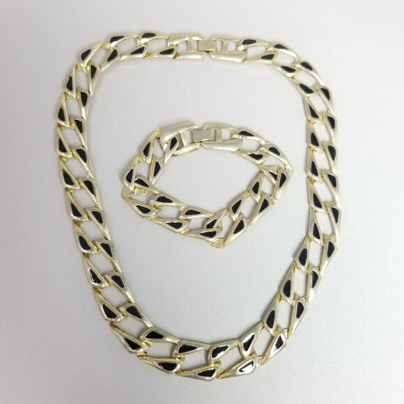 Vintage Black Enamel and Gold Tone Chain Necklace and Bracelet Set, Retro Estate - Picture 2 of 8